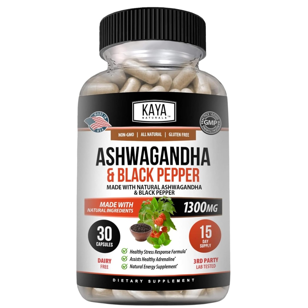 Kaya Naturals Ashwagandha Root with Black Pepper | En Güçlü 1300 mg Adaptogen Supplement, Support Adrenal, Glandular Health, Mood Relief, Focus, Energy & Vitality for Men & Women