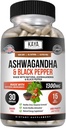 Kaya Naturals Ashwagandha Root with Black Pepper | En Güçlü 1300 mg Adaptogen Supplement, Support Adrenal, Glandular Health, Mood Relief, Focus, Energy & Vitality for Men & Women