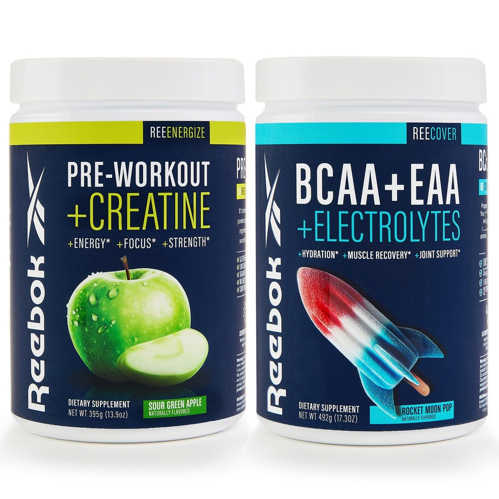 Reebok REEEnergize & REECover Sche | Pre-Workout + BCAA Performans Paketi | Sour Green Apple & Rocket Moon Pop | Tamam Eğitim Sistemi