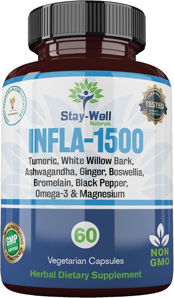 Infla-1500 Turmeric, White Willow Bark, Ashwagandha, Ginger, Boswellia, Bromelain, Omega-3 ve Magnezyum-60k