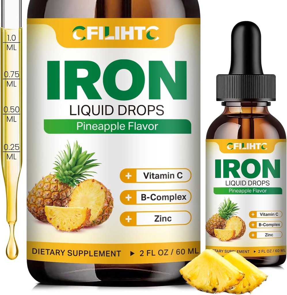 Kadınlar için sıvı Demir Supplement & Çocuklar için Multivitamin Demir Durağı, C, B6, B12, Anemi için çinko, Iron Deficiency, Blood Builder, Energy - Natural Pineapple Flavor, Vegan 2 Fl Oz Oz