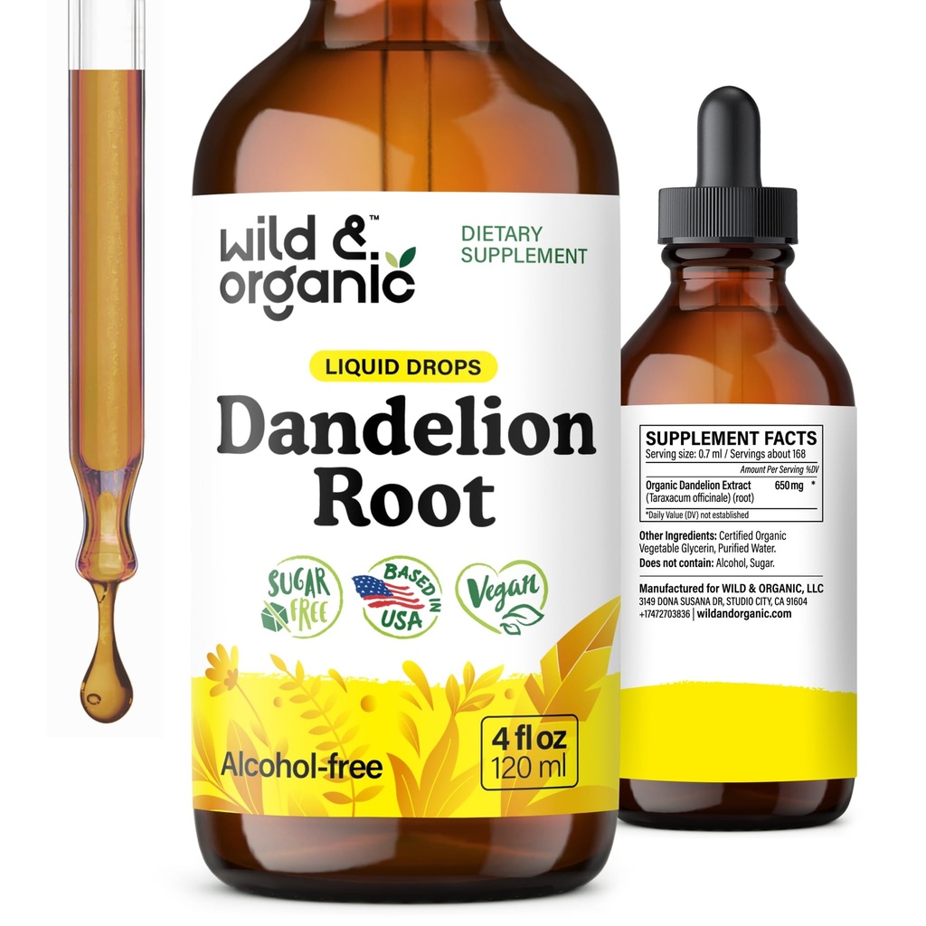 Άγρια & οργανικά Dandelion Root Extract Drops - Liver Cleanse Detox Υποστήριξη - Dandelion Βάμμα για την υγεία του ήπατος - Vegan, ζάχαρη & αλκοόλ-ελεύθερο συμπλήρωμα υγρού - 4 fl oz