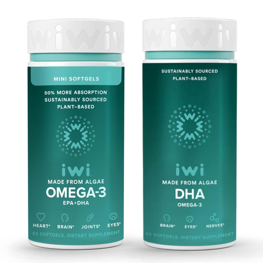 Iwi Omega-3 Minis & DHA Omega-3 Bundle, 30 Υπηρεσίες, Vegan Plant-based Algae Omega 3, Krill & Fish Oil Εναλλακτική, Χωρίς Αλιευτική Επίγευση