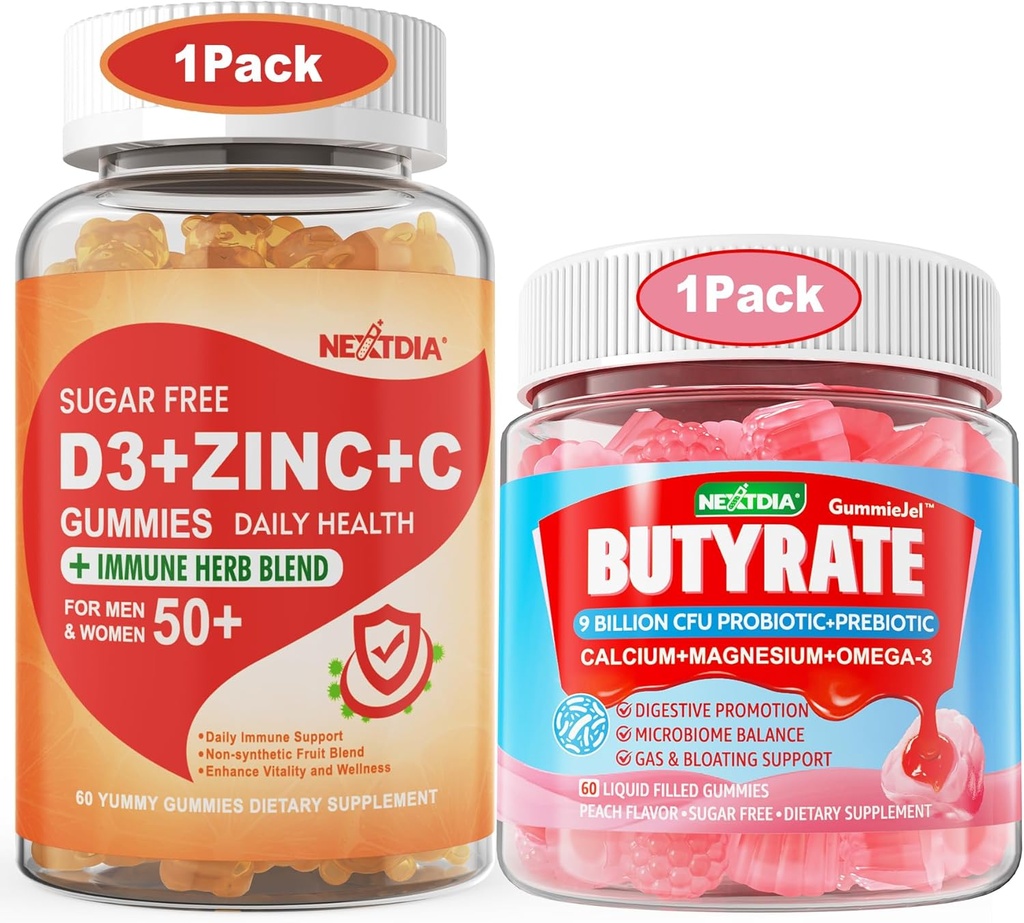 Sugar Free Vitamin C + D3 + çinko Gummies for Yetişkinler 50 + Butyrate Gummies with Probiyotik + Prebiyotik + Postbiyotik +