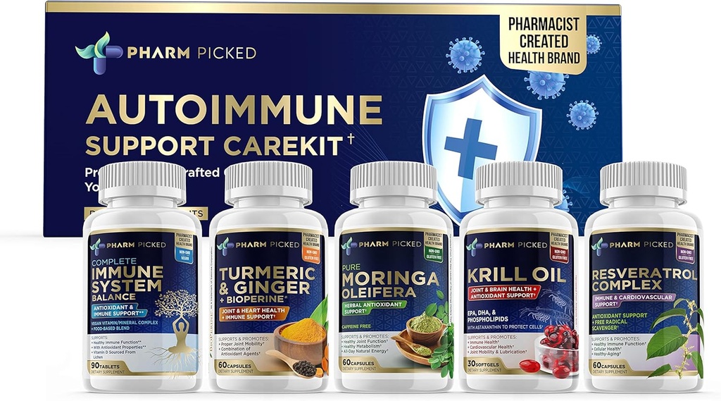 PHARM PICKED Autoimmune Support CareKit – 5 Supplement Sche + Bas Self-Care Guide – Immune Balance, Resveratrol, Moringa, Krill Oil, Turmeric & Ginger – Non-GMO, Pharmacists tarafından güvenildi