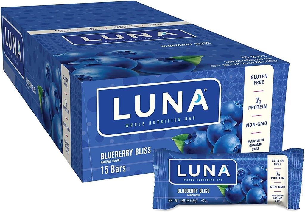 LUNA BAR - Gluten Free Snack Bars - Blueberry Bliss Flavor - protein 7g - Non-GMO - Plant-Based Wholesome Snacking - Go Snacks (1.69 Ounce Snack Bars, 15 Count)