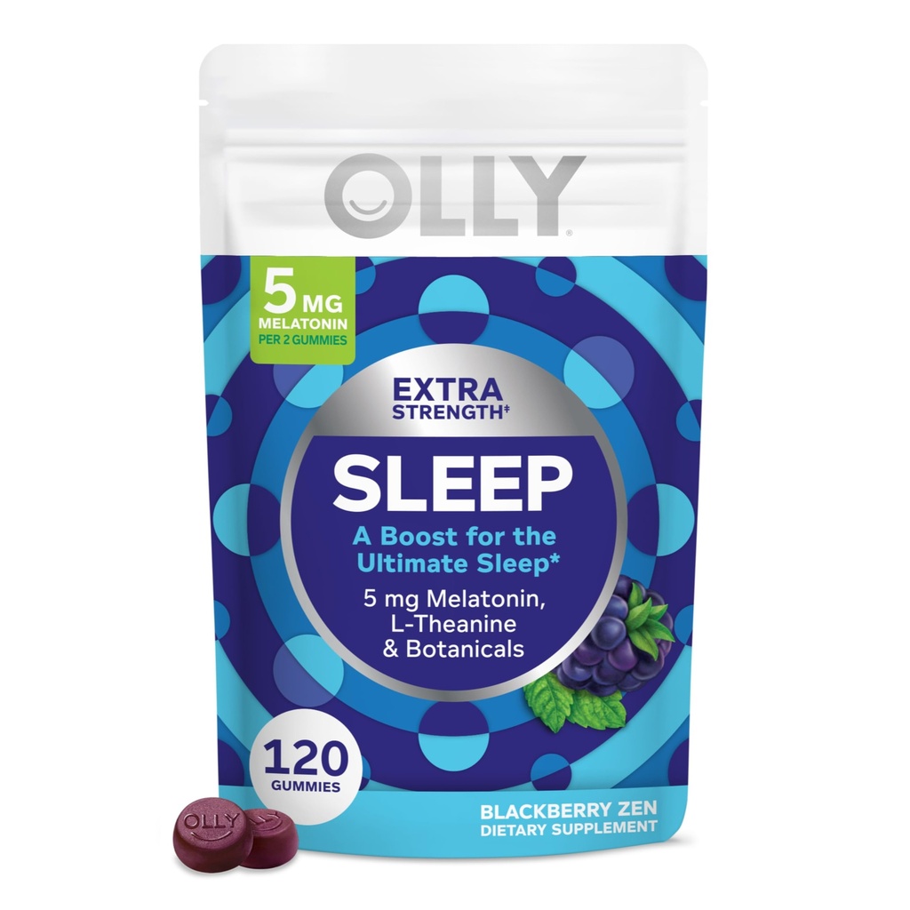 OLLY Extra Strength Sleep Gummy, Occasional Sleep Support Supplement*, 5 mg Melatonin, L-Theanine, BlackBerry Zen Flavor, 60 Day Supply - 120 Count (Packaging May Vary)