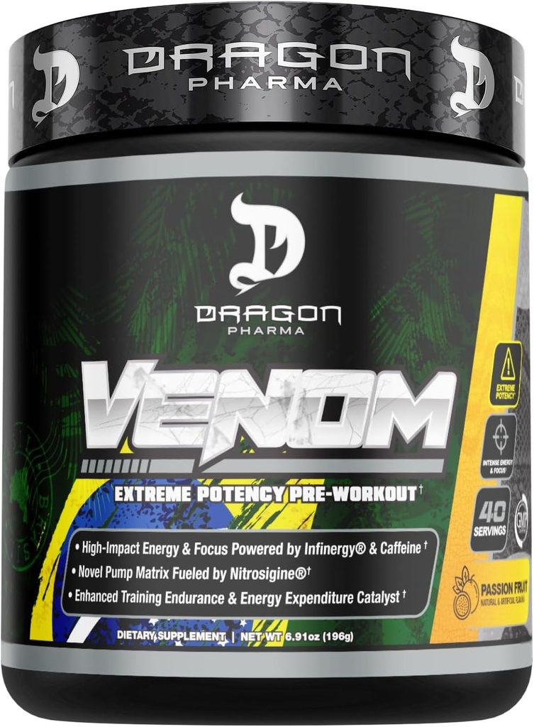 DRAGON PHARMA Venom Extreme Potency Pre-Workout, Laser Sharp Focus + Energy, Intense Performance, Proven Materialss for Advancedd Vasodilation & Endurance (40 Hizmet, Tutku Meyvesi)