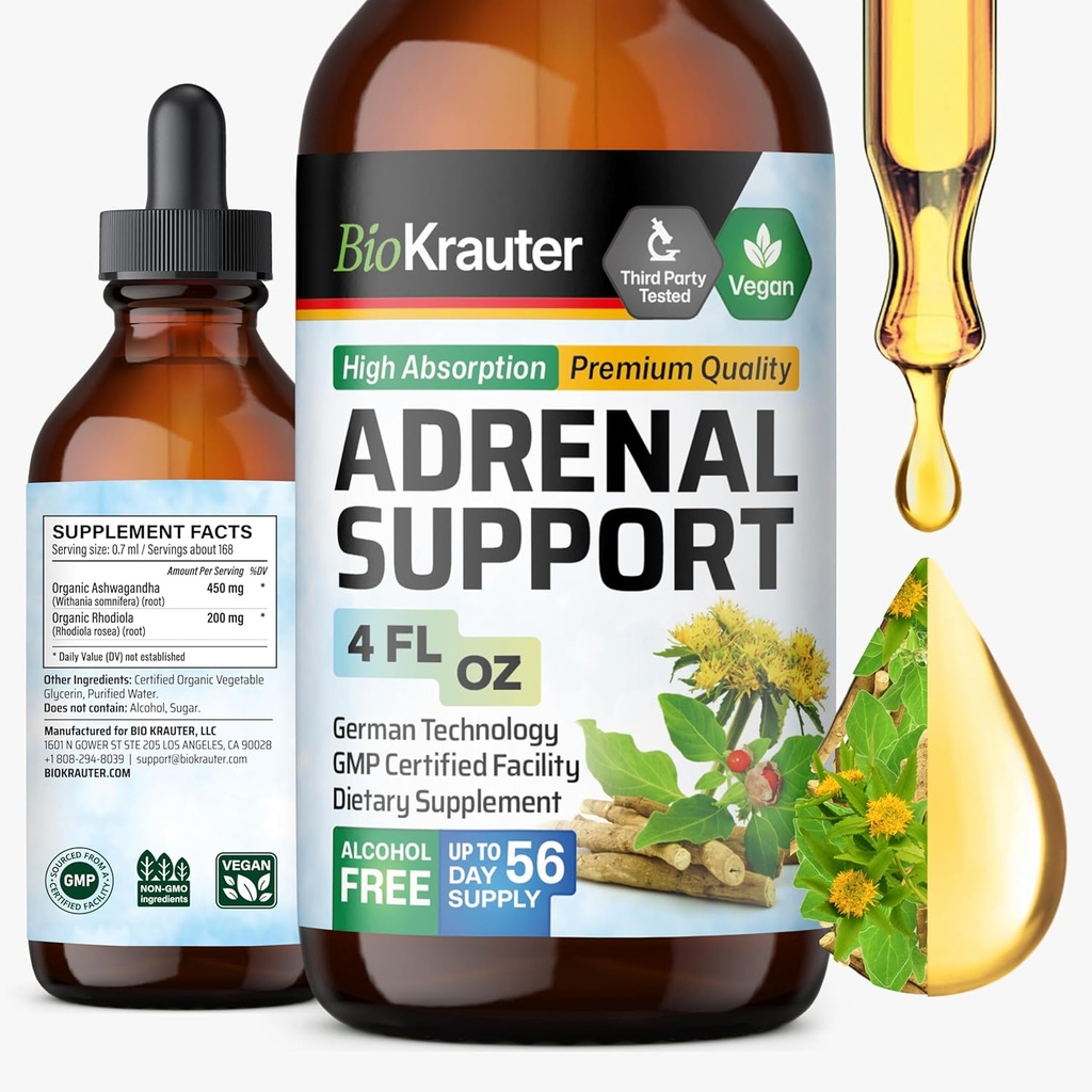 BIO KRAUTER Επινεφρίδια - Rhodiola & Ashwagandha συμπληρώματα - Vegan Mood υποστήριξη σταγόνες 4 Fl.Oz.