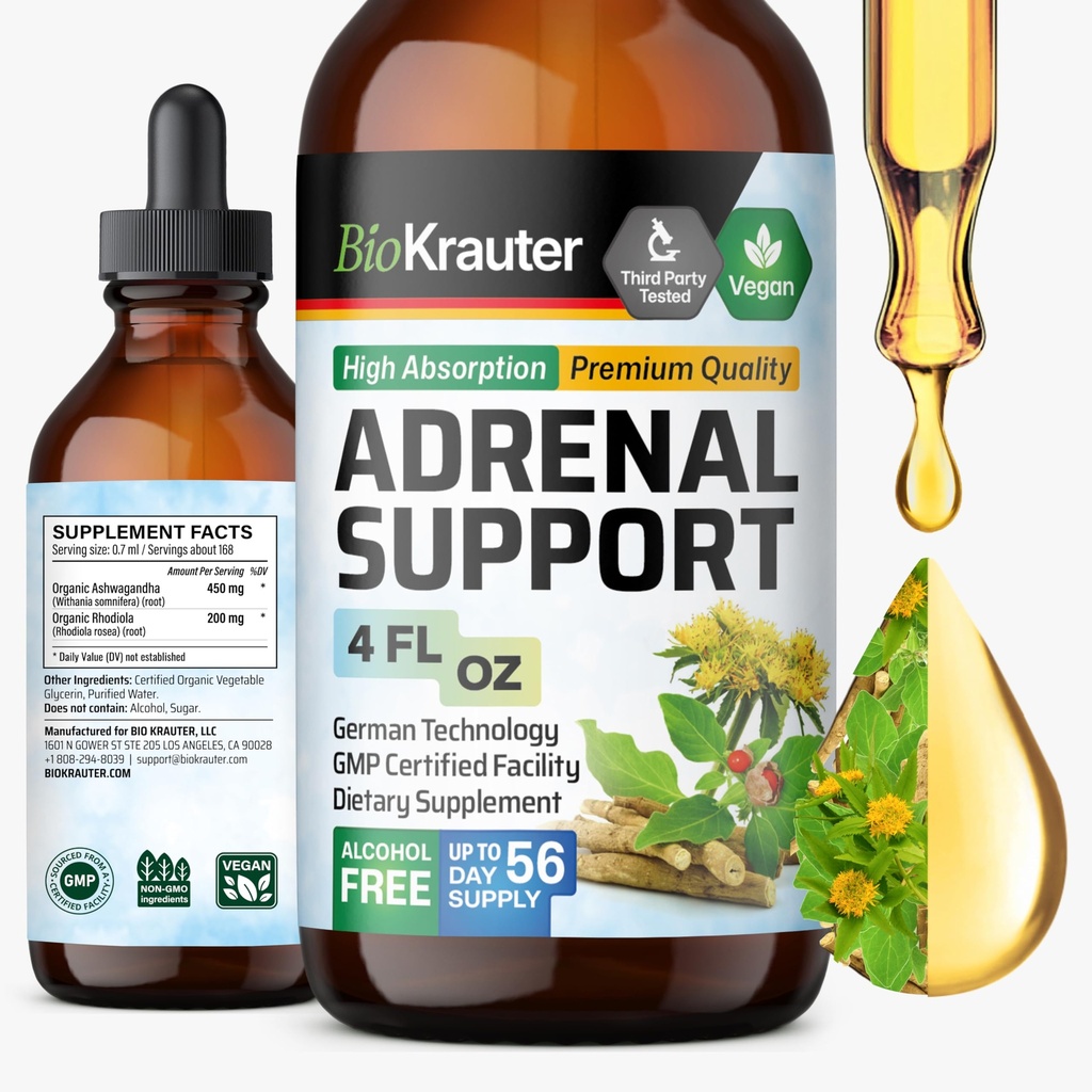 BIO KRAUTER Επινεφρίδια - Rhodiola & Ashwagandha συμπληρώματα - Vegan Mood υποστήριξη σταγόνες 4 Fl.Oz.