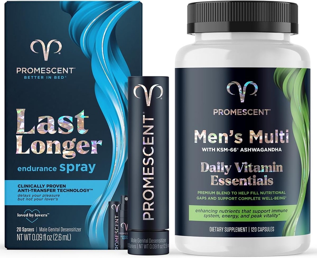 Promescent Desenler Gecikme Sprey + Erkeklerin Günlük Multivitamin Supplements, B Kompleks Vitaminleri, C,D, Ashwagandha KSM 66, Premium Health Supplements