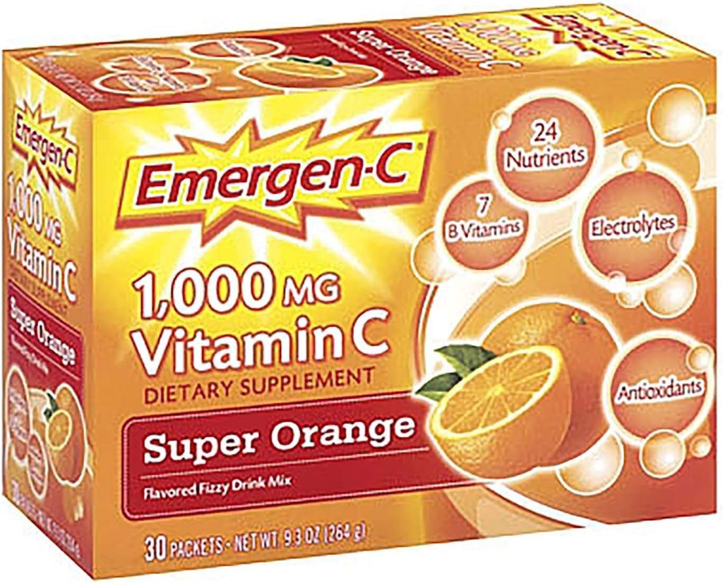 Emergen-C Vitamin C Fizzy Iyice Mix Super Orange - 1000 mg - 0.32 Ounce Her, 30 Kont (kırda 1)