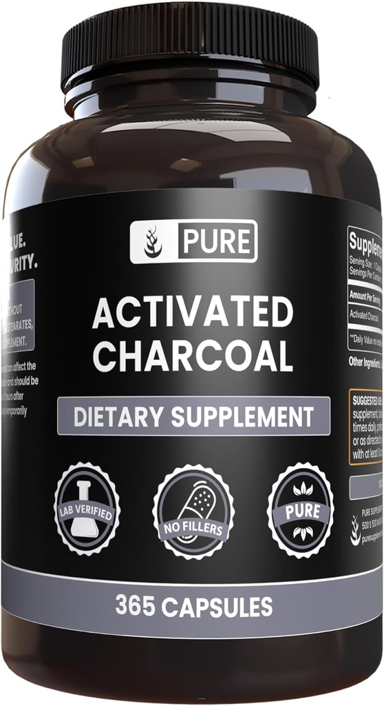 Pure Original Materialss Aktif Charcoal, No veya Magnezyum Fillers, Her zaman Pure, Lab Onaylandı (365 Kont)
