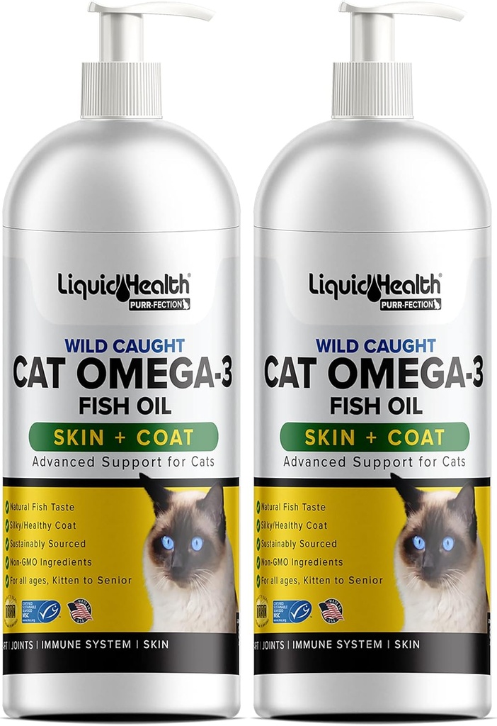 Bitkisel Sağlık Evcil hayvanlar Yabanıl Caught Omega 3 Fish Oil for Cats - Liquid Omega 3 Supplement for Cats with EPA+DPA+DHA - Immunity, Brain, Heart Health - Made in the USA (2 Pack)