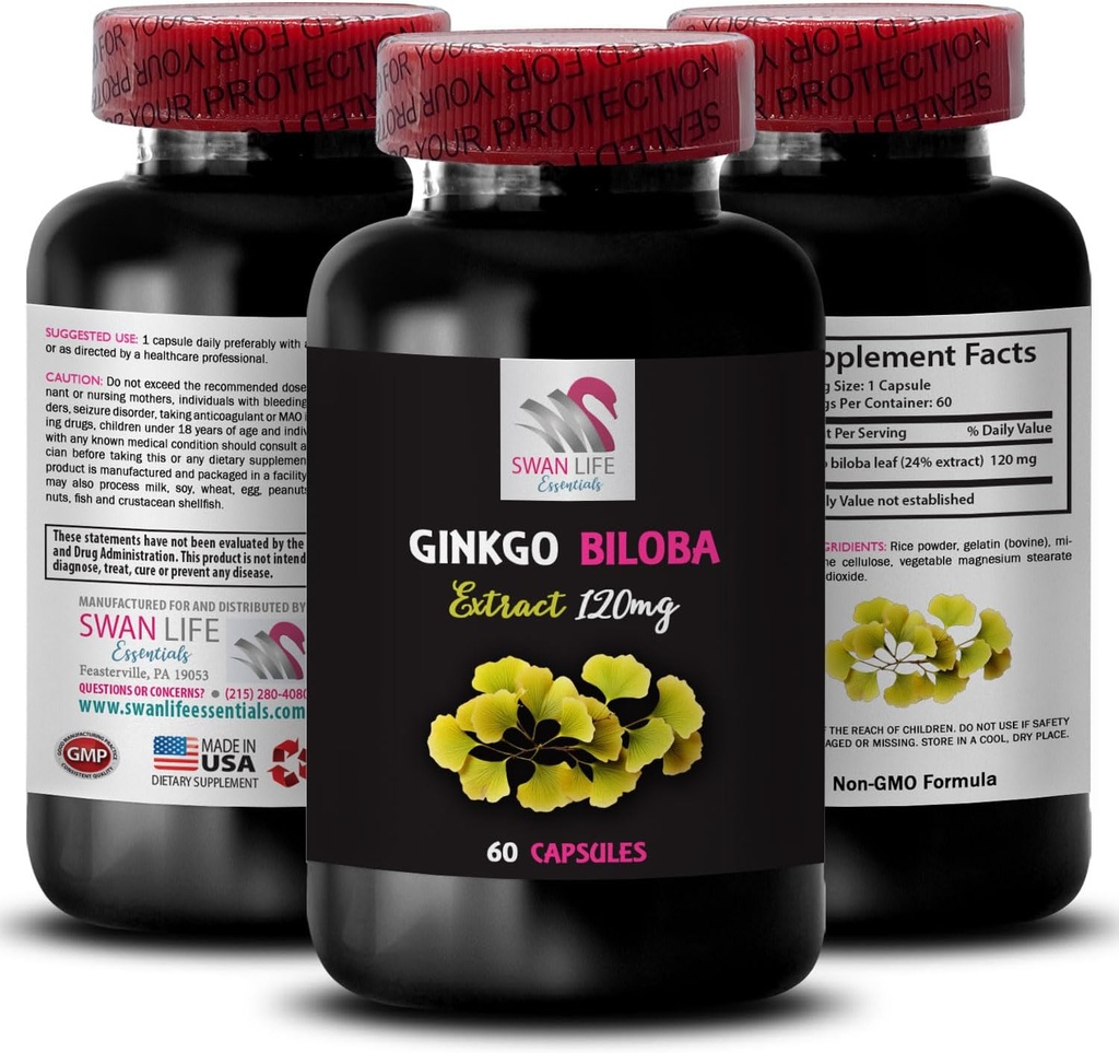 Herbal Extract Benefits - Ginkgo BILOBA Extract - Ginkgo biloba Natural antioxidant, Herbal antioxidant Capsules, Botanical Extract Supplement, Ginkgo biloba uses, Antioxidant 1 Bottle 60 Capsules