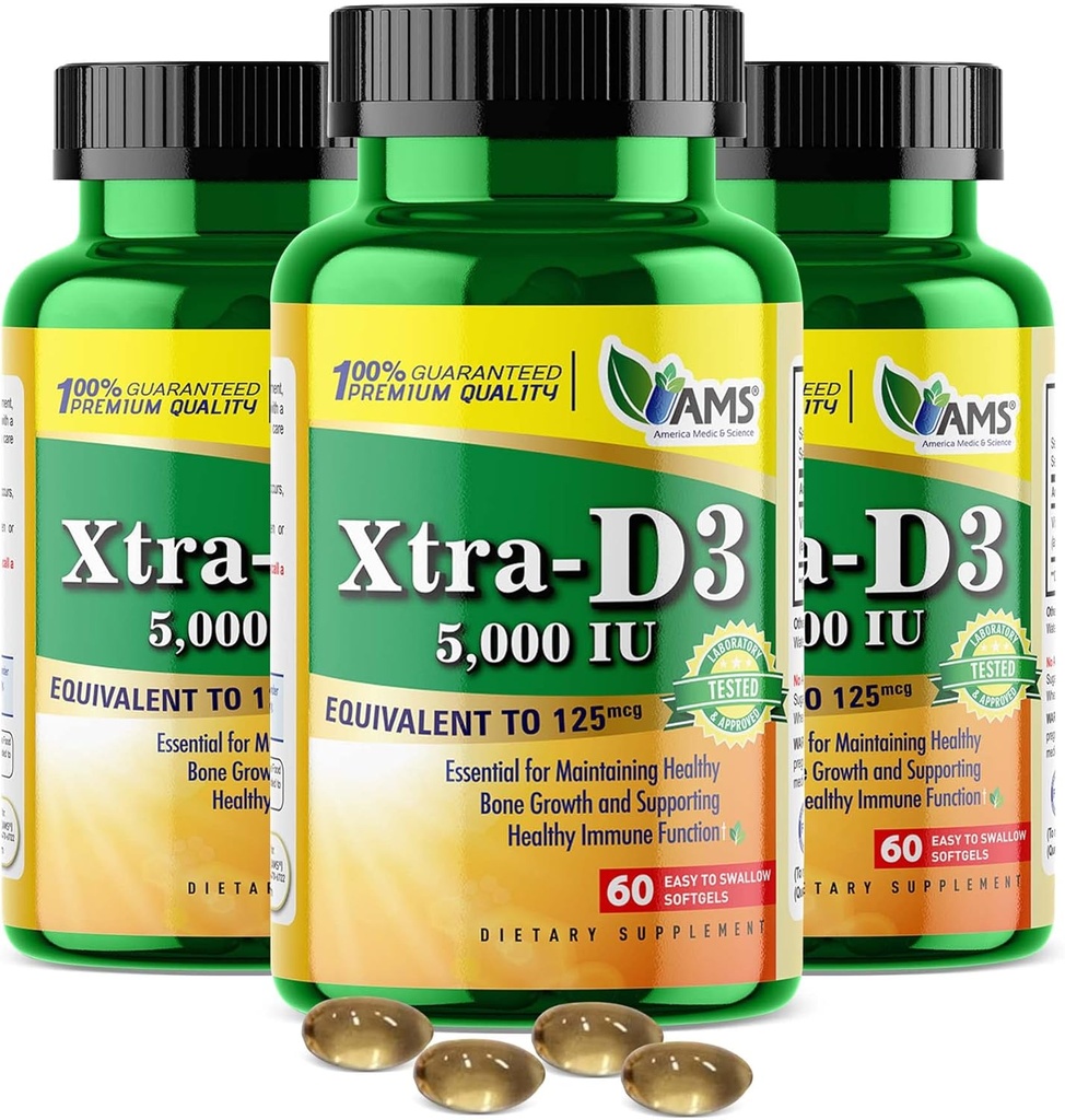 Amerika Medic & Science Xtra D3 Vitamin D 5.000 IU (125 mcg)C delükciferol Supplement for Men & Women (180 Basit to Swallow Softgels) 3pack|En iyi Bone,Heart Health,Immune System Support,Lung Functionol Supplement for Men & Women (180)