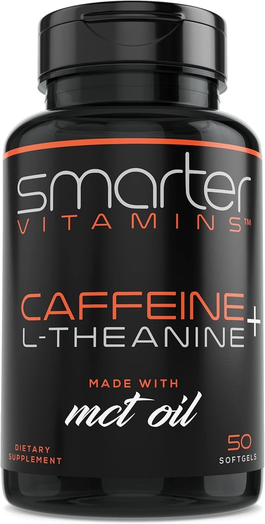 SmarterVitamins 200mg χάπια καφεΐνης - MCT Λάδι από 100% καρύδες + 100mg L-Θεανίνη, Ενέργεια και Εστίαση, Εκτεταμένη κάψουλα απελευθέρωσης, 50 υγρά Softgels