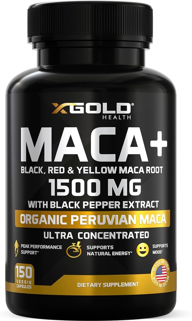 X Gold Health Organic Maca Root Toz Capsules 1500 mg with Black | Red & Sarı Peruvian Maca Root Extract Gelatinized, Energy & Mood Supplement for Men & Women + Black Pepper for Best Faydaları
