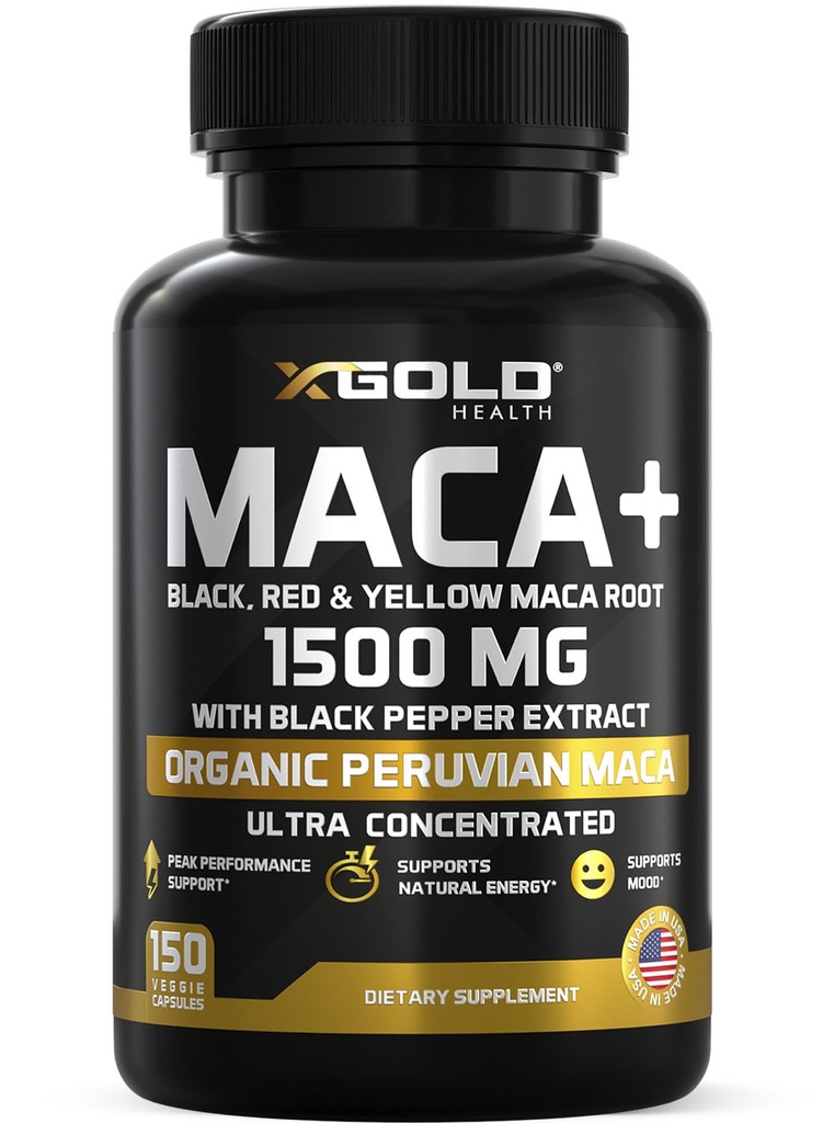 X Gold Health Organic Maca Root Toz Capsules 1500 mg with Black | Red & Sarı Peruvian Maca Root Extract Gelatinized, Energy & Mood Supplement for Men & Women + Black Pepper for Best Faydaları