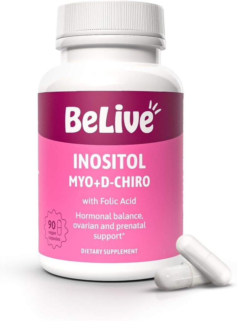 BeLive Myo-Inositol & D-Chiro Inositol Capsules - 90Ct I Inositol Supplement with Folic Acid Supplements for Woman, Optimal 40:1 Oran (1)