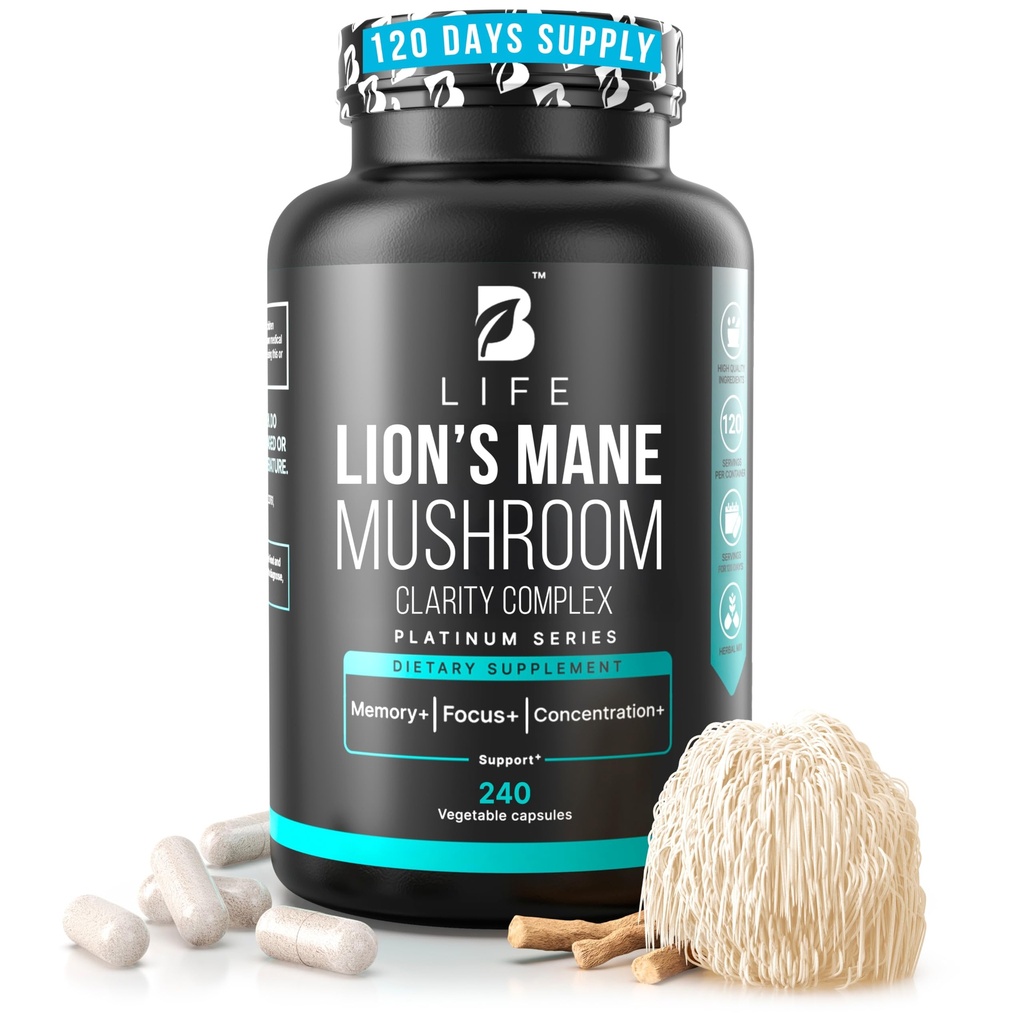 Lion's Mane Mushroom Capsules – Memory, Focus & Clarity – Nootropic Brain Supplement with Ashwagandha, Thiamin (B1), Magnezyum L-Threonate – Cognitive and Brain Support for mental Energy, 240 Caps