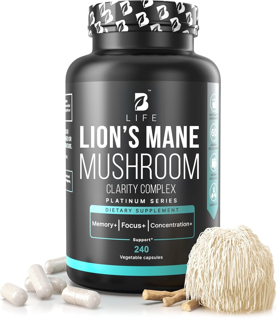 Lion's Mane Mushroom Capsules – Memory, Focus & Clarity – Nootropic Brain Supplement with Ashwagandha, Thiamin (B1), Magnezyum L-Threonate – Cognitive and Brain Support for mental Energy, 240 Caps