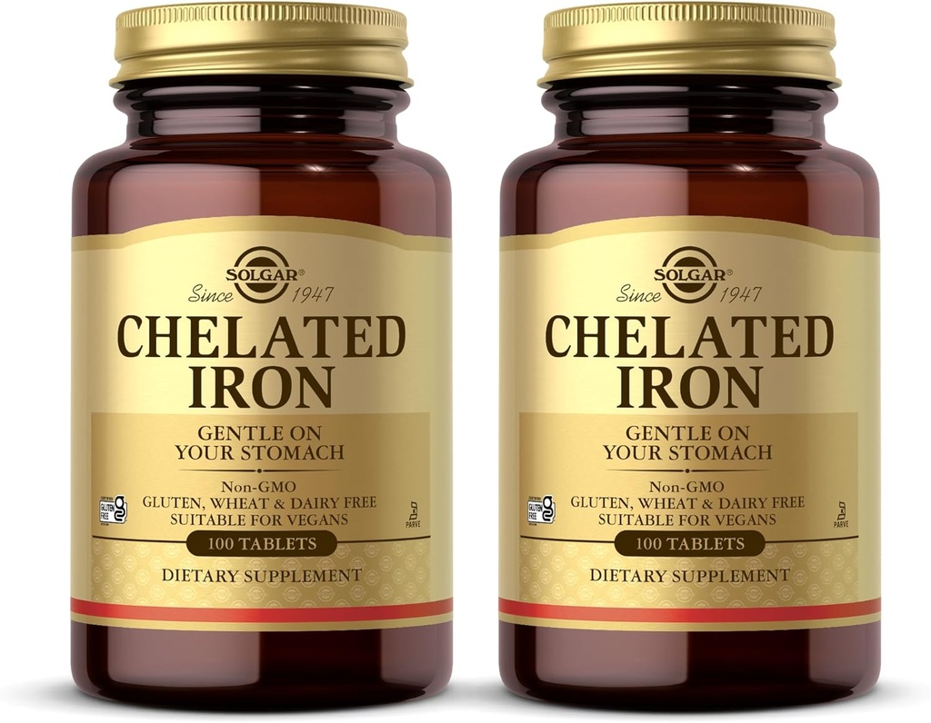 Solgar Chelated Iron - 100 Tablets, Συσκευασία των 2 - Απαλό στο στομάχι σας - Μη ΓΤΟ, Vegan, Χωρίς γλουτένη, Χωρίς γαλακτοκομικά, Kosher - 200 Σύνολο Σερβιρίσματος