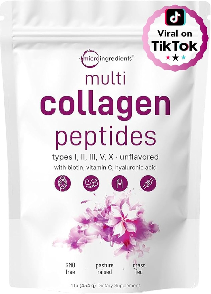 Mikro Malzemeler Multi Collagen, Toz, 16oz | Full Spectrum Type I, II, III, V, X + Biotin, Hyaluronik Asit, & Vitamin C | Unflavored | DW & Paleo Dostu | Non-GMO