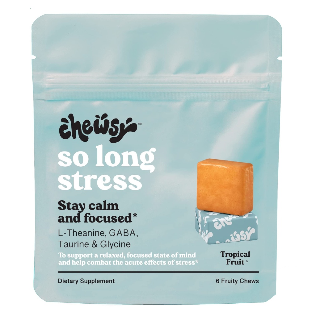 Chewsy So Long Stress, Calm Fruity Chews, Stay Calm & Focused. w/L-theanine, Reese, GABA, Glycine, Tyrosine, Taurine & Magnezyum. Non-GMO ve Gluten-Free. Tropikal Meyvey Chews, 6-Day Supply