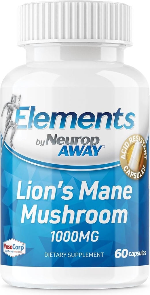 NöropAWAY Elements Organik Lions Mane Mushroom Extract Capsules (60 Acid Dayanıklı Capsules Per Şişe) Üçüncü Parti Test Edildi