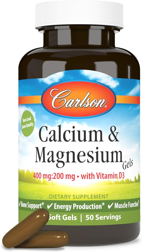 Carlson - Cal-Mag Gels, 2:1 Calcium to Magnesium Ratio, Bone Support, Energy Production, 100 Soft gels