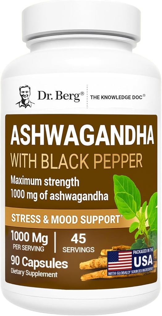 Berg Ashwagandha Κάψουλες 1000mg - Περιλαμβάνει ρίζα Ashwagandha με μαύρο πιπέρι από Bioperine - Ashwagandha Συμπληρώματα 90 κάψουλες