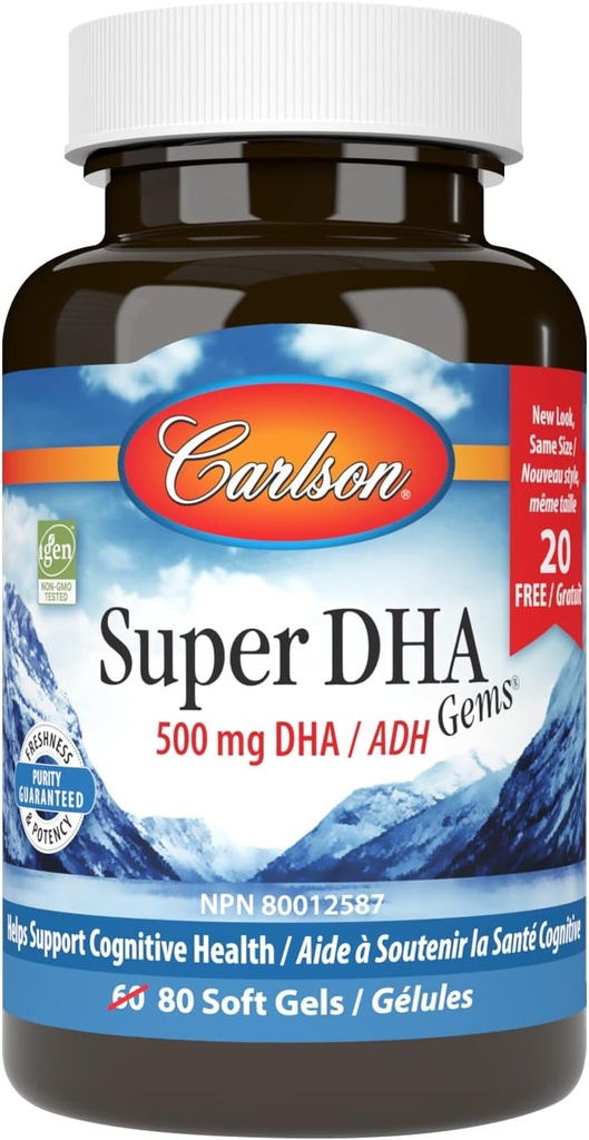 Carlson - Super DHA Gems, 500 mg DHA Supplements, 640 mg Fatty Asits, Wild-Caught Norveç Arctic Fish Oil Temp, Sustainable Sourced Nordic Fish Oil Capsules, 60+20 Softgels