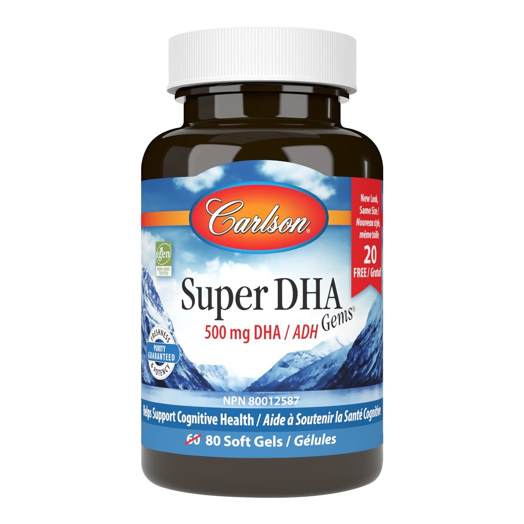 Carlson - Super DHA Gems, 500 mg DHA Supplements, 640 mg Fatty Asits, Wild-Caught Norveç Arctic Fish Oil Temp, Sustainable Sourced Nordic Fish Oil Capsules, 60+20 Softgels