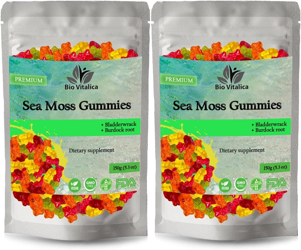 BIO VITALICA Sea Moss Gummies – με Bladderwrack & Burdock Root – Wildcrafted Gel + Powder – Vegan, Keto, Non-GMO, Gluten-free – Φρουτώδη Ορυκτά-Rich Gummies – 50 Count (2 Pack)