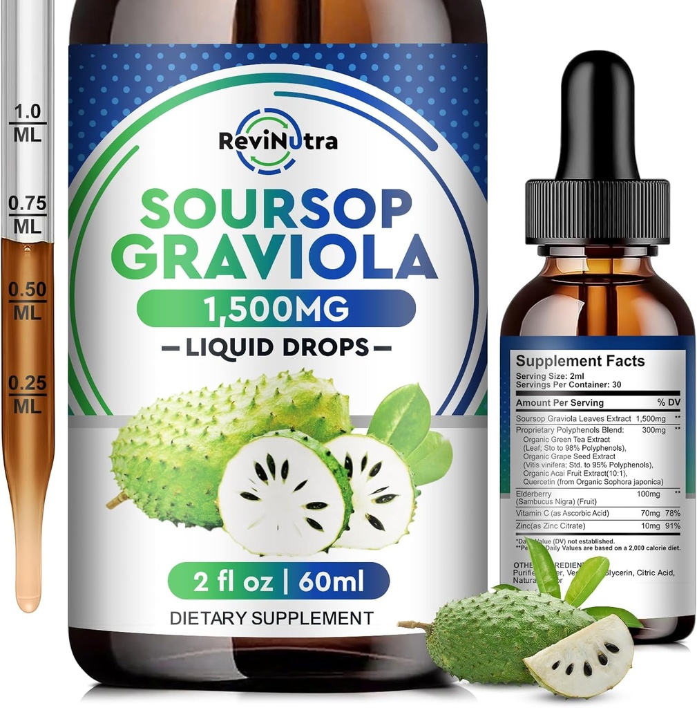Soursop Graviola Liquid Drops - 8 in 1 Βιολογικό εκχύλισμα soursop με Elderberry, Quercetin, Soursop Bitters Liquid Supplements for Immune Boost, Herbal Soursop Oil Graviola Leaf Tincture, 2 Fl Oz