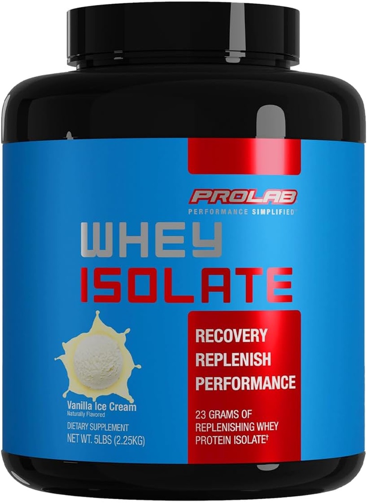 Prolab Whey Isolate 5LB, Ultra-Pure, Fast-Absorbing Whey Protein Isolate with 23g Protein & BCAAs,Depres Lean Muscle growth, Recovery & Performance (Vanilla Ice Cream)
