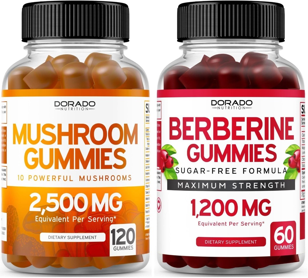 Mushroom Gummies (120 Gummies) Focus & Brain Mushroom Supplement ve Berberine Ceylon Cinnamon (60) Yetişkinler için Premium Sugar-Free Supplement - Third-Party Tested, Non-GMO & Made in USA