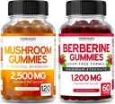 Mushroom Gummies (120 Gummies) Focus & Brain Mushroom Supplement ve Berberine Ceylon Cinnamon (60) Yetişkinler için Premium Sugar-Free Supplement - Third-Party Tested, Non-GMO & Made in USA