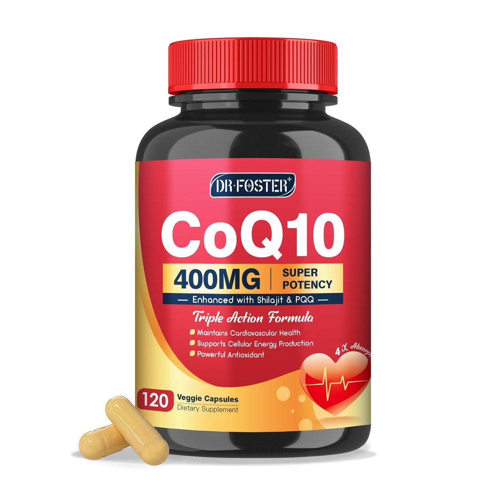 DRFOSTER CoQ10 400 mg-High Abxia Coenzyme Q10 Supplements with PQ, Shilajit & Vitamin E, Güçlü Antioksit & Brain Health and Energy-Production 120 Veggie Capsules