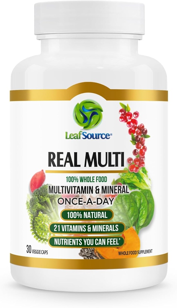 LEAFSOURCE Real Multi, Multivitamin Whole Food Supplement - Real Food. Vegan, Plant-Based Nutrients Made from Real Fruits Veggies & Whole Foods (30 vcap)