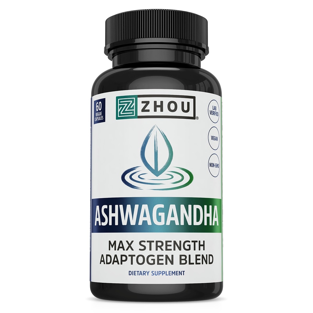 Zhou Ashwagandha - Kadınlar ve Erkekler için Ashwagandha ve Rhodiola, Adaptogen Ashwaganda Siyah Pepper ile 1200 mg, Adaptojenik Destek Calm için Tamam, Mood, Sleep - 60 Vegan Capsules