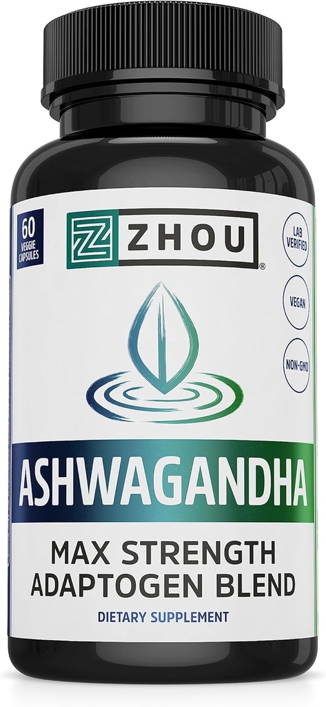Zhou Ashwagandha - Kadınlar ve Erkekler için Ashwagandha ve Rhodiola, Adaptogen Ashwaganda Siyah Pepper ile 1200 mg, Adaptojenik Destek Calm için Tamam, Mood, Sleep - 60 Vegan Capsules