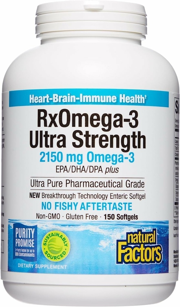 Doğal Faktörler RxOmega-3 Ultra Güçlü - Beyin ve Kalp Sağlığı Desteği için Diyetsel Tamam - EPA & DHA ile Göz Sağlığı Tamam - Omega-3 Fatty Asits - 150 Softgels (75 Hizmet)