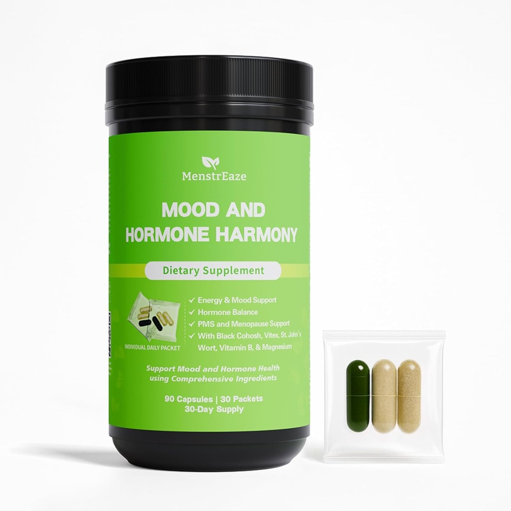 Kadınlar için hormon dengesi – PMS Support Supplement for Mood, Menstrual Cramp, Bloating, Hormon-Free Perimenopause & Menopause Support, Chasteberry, Black Cohosh, St. John's Wort, 30 Daily Packets