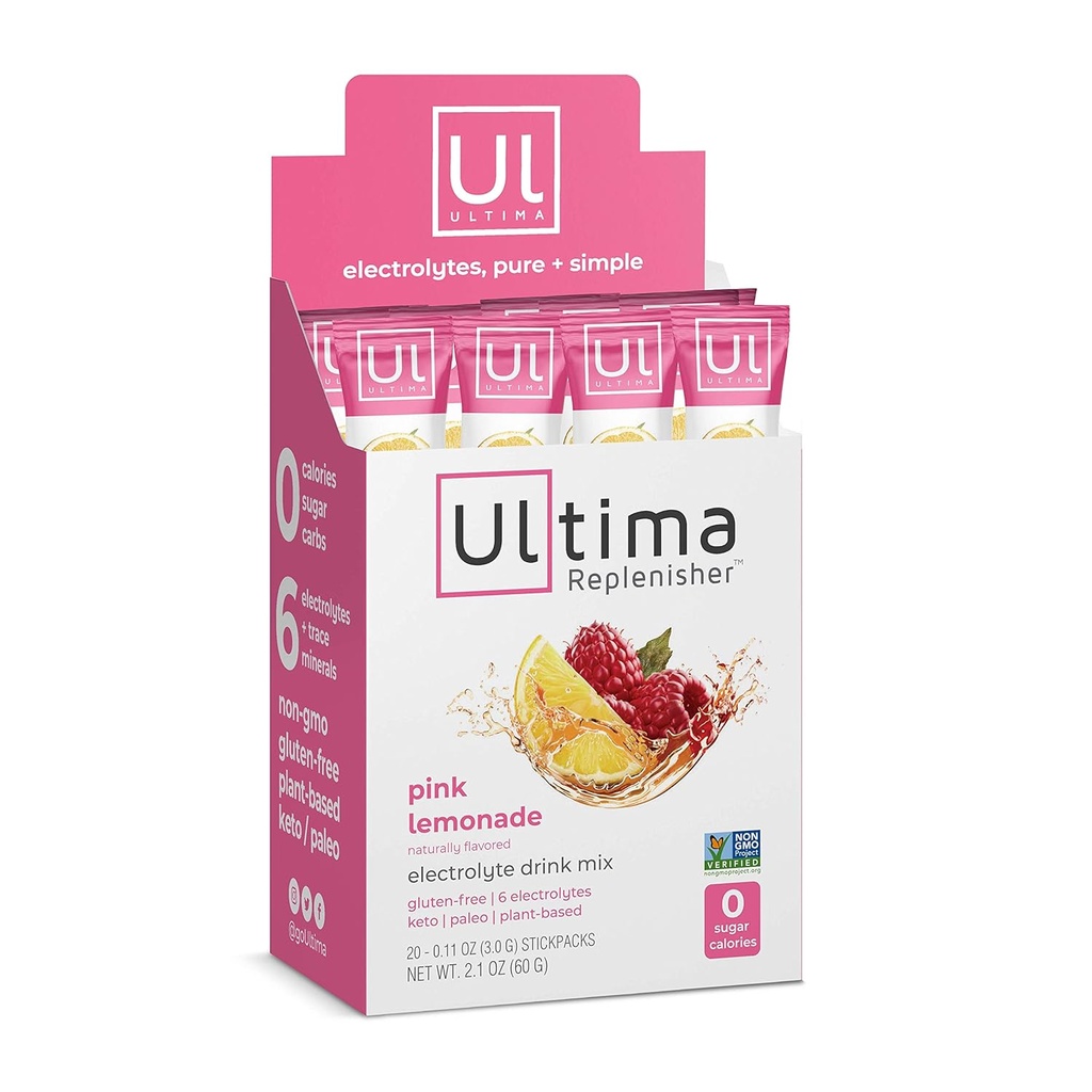 Ultima Replenisher Electrolyte Hydration Drink Mix, Pink Lemonade, 20 Service Stickpack Box - Sugar Free, 0 Calories, 0 Carbs - Gluten-Free, DW, Non-GMO, Vegan