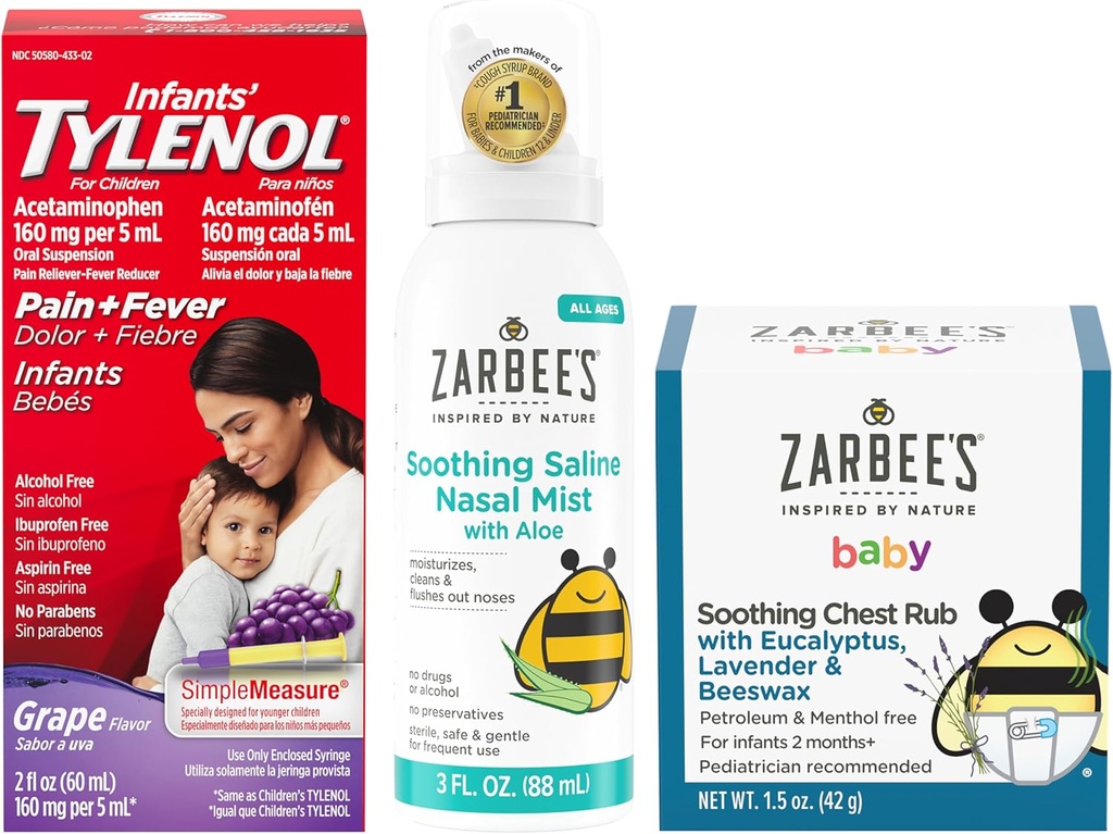 Tylenol ve Zarbee's Baby Essentials Sche for Infants: Infant Acetaminophen Liquid Medicine, Zarbee's Baby Soothing Nasal Spray ve Zarbee's Baby Soothing Eucalyptus & Lavendar Chest Rub