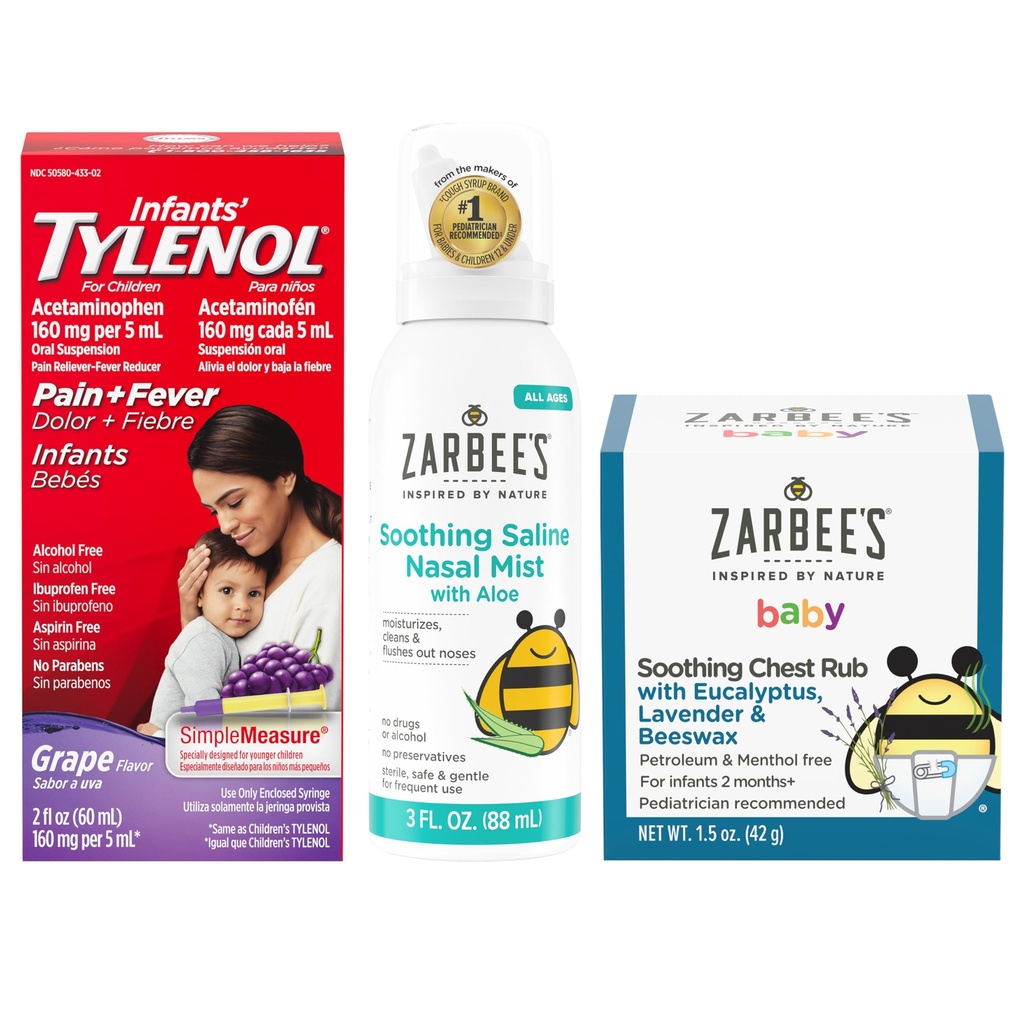 Tylenol ve Zarbee's Baby Essentials Sche for Infants: Infant Acetaminophen Liquid Medicine, Zarbee's Baby Soothing Nasal Spray ve Zarbee's Baby Soothing Eucalyptus & Lavendar Chest Rub