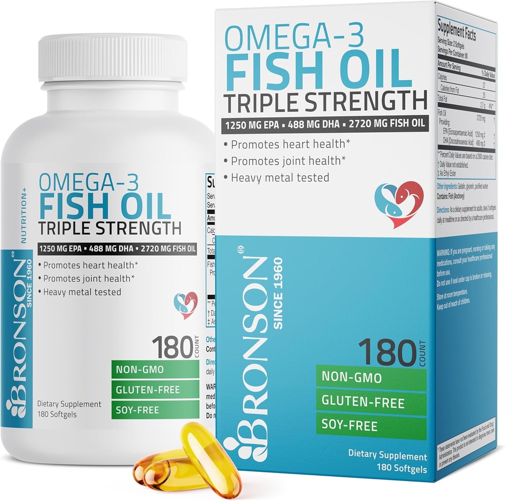 Bronson Omega 3 Fish Oil Triple Strength 2720 mg, High EPA 1250 mg DHA 488 mg, Μη ΓΤΟ Heavy Metal Tested, 180 Softgels