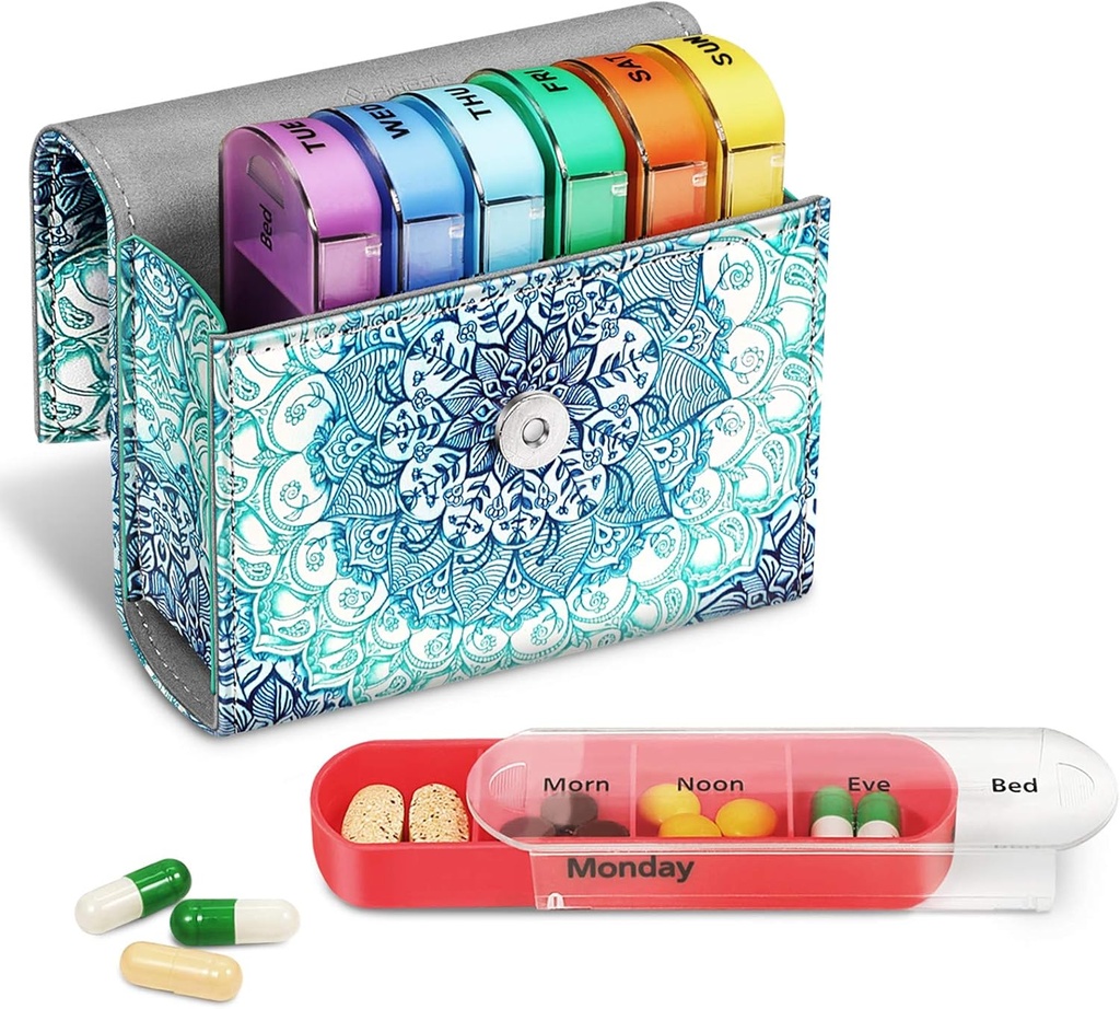 FINPAC Weekly Pill Organizers 4 Times A Day, Slide Open PU Deri Case Travel Pill Vitamin Tıp Hatırlatıcısı ve Sabah için Name Card for Morning / Afternoon| Evening / Bedtime (Emerald Illusions)